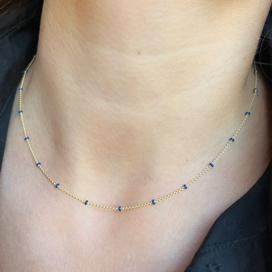 14K Gold Navy Blue Enamel Bead Chain Necklace