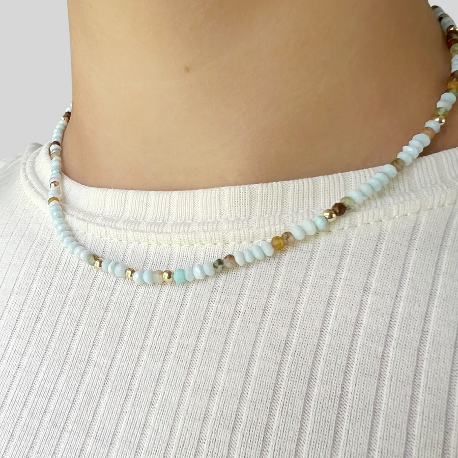 14k Gold Natural Green Opal Gemstone Bead Necklace