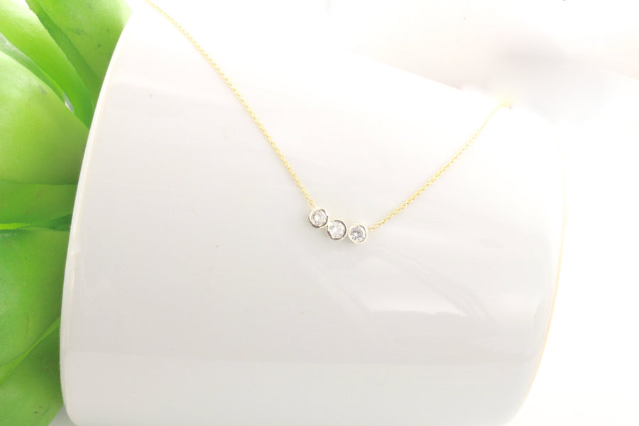 14K Gold Three Stone Diamond Bezel Necklace