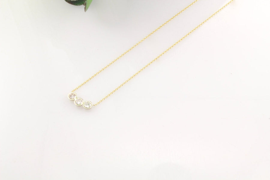 14K Gold Three Stone Diamond Bezel Necklace