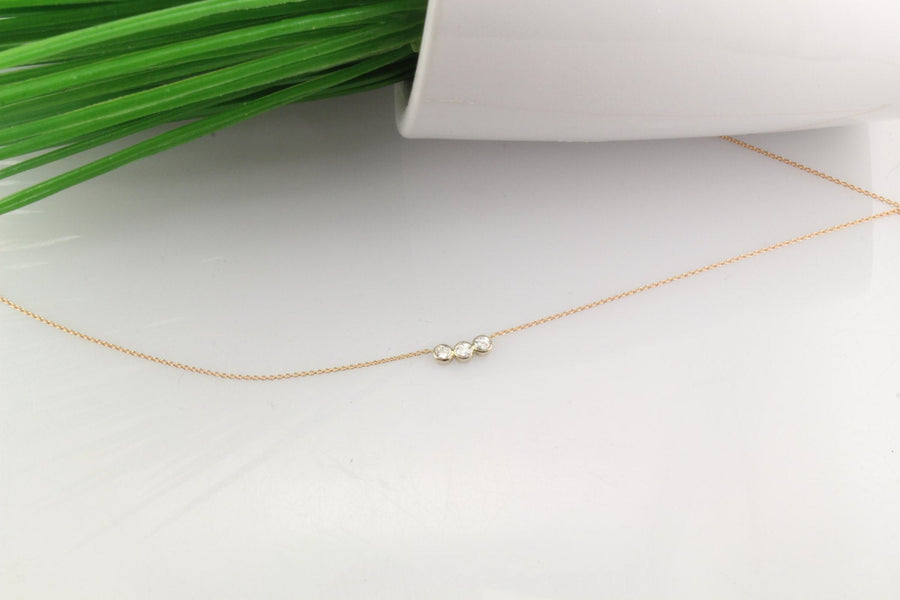 14K Gold Three Stone Diamond Bezel Necklace