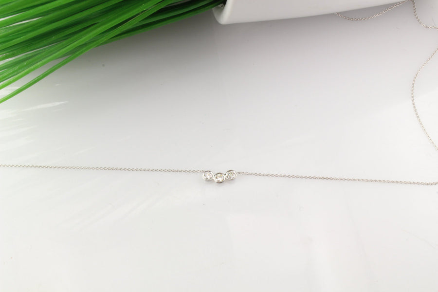 14K Gold Three Stone Diamond Bezel Necklace