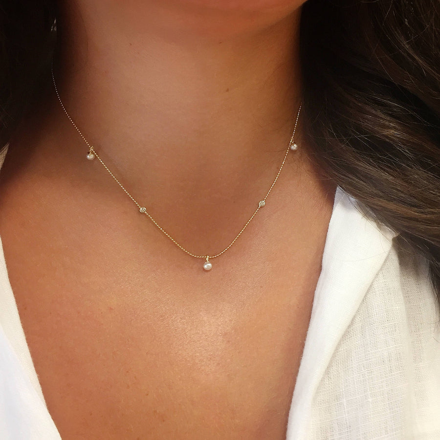 14k Gold Pearl Droplet & Diamond Bezel Necklace