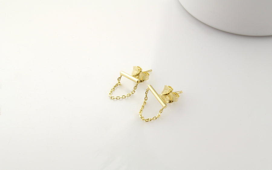 14K Gold Bar Chain Loop Earrings