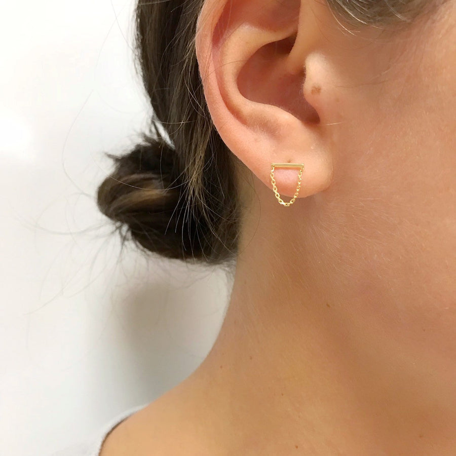 14K Gold Bar Chain Loop Earrings